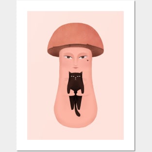 Cute mushroom with black cat, version 1 Posters and Art